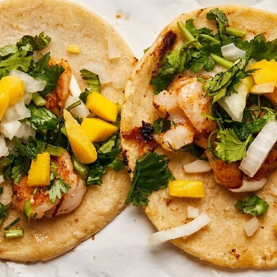 Two shrimp tacos topped with diced mango, onions, and cilantro on corn tortillas.