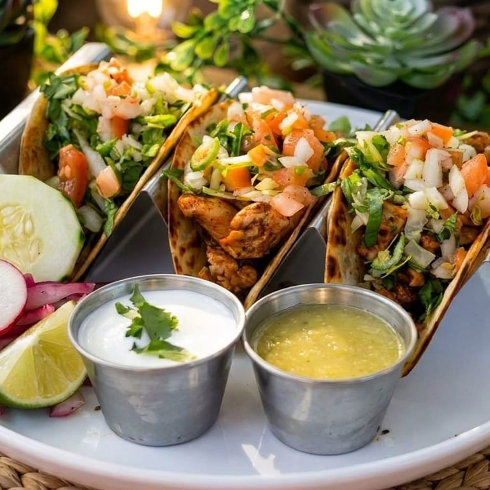 Three chicken tacos with pico de gallo, lime, cucumber, radishes, sour cream, and salsa verde.